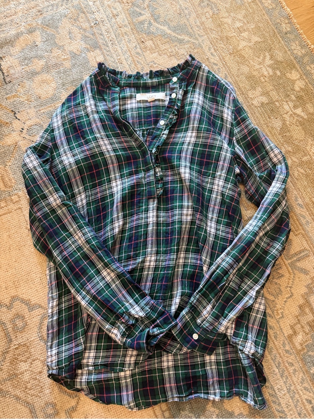 Loft Women’s Green Plaid Button Henley Shirt